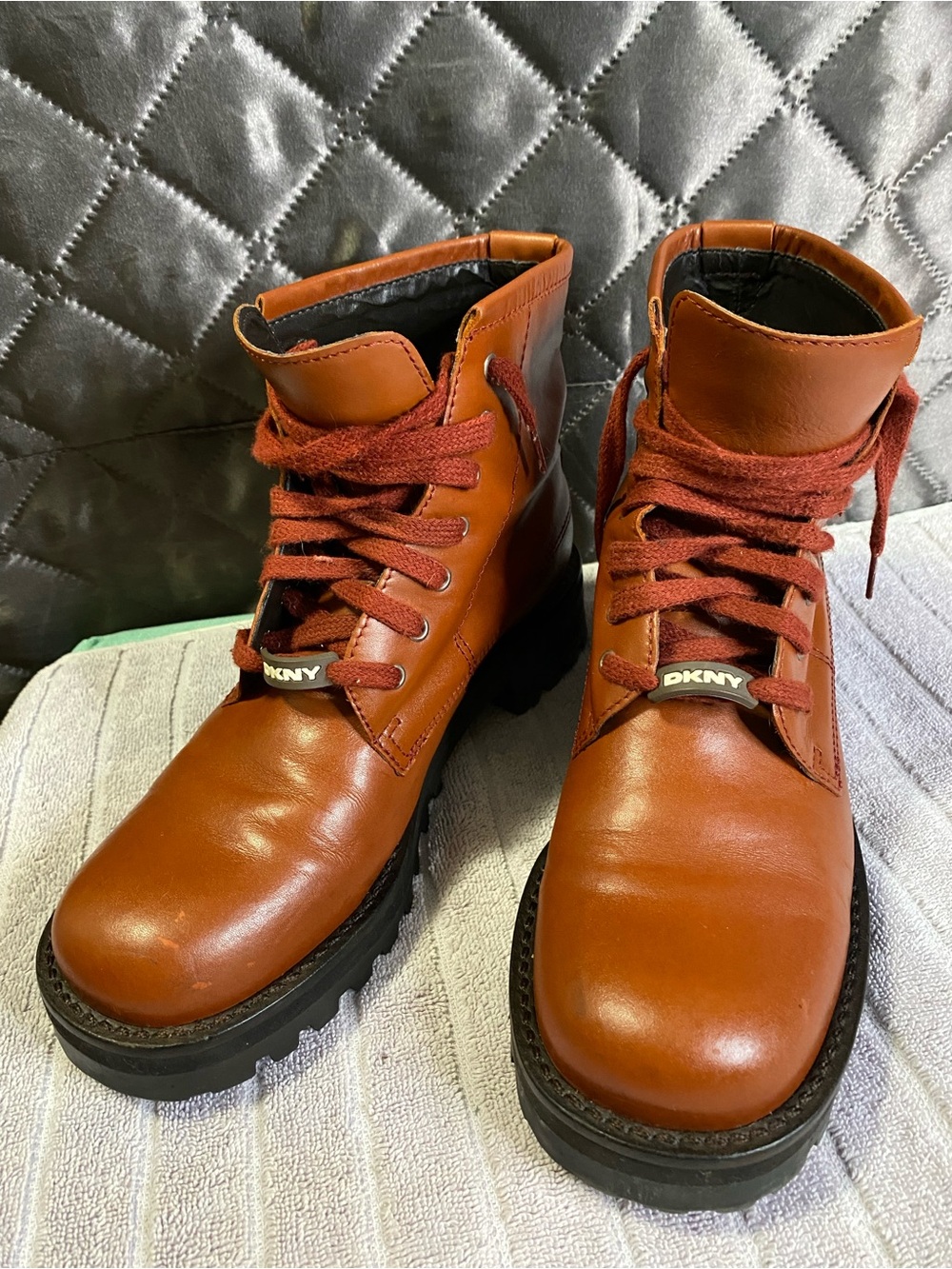 DKNY Brown Leather Lace-Up Combat Boots Chunky Lug Sole 8